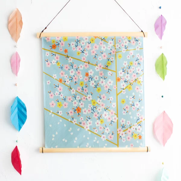 Furoshiki Hare Musubi: Cherry blosom sobre azul/gris (sakura) - Imagen 3