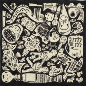 Furoshiki japonés de 100 cm con diseño de juguetes tradicionales en estilo pop sobre fondo negro Cochae