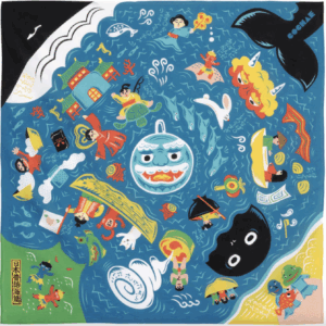 Furoshiki japonés azul con diseño de cuentos tradicionales del mar ilustrado por COCHAE