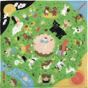 Furoshiki japonés verde con ilustraciones de cuentos tradicionales de montaña diseñadas por COCHAE